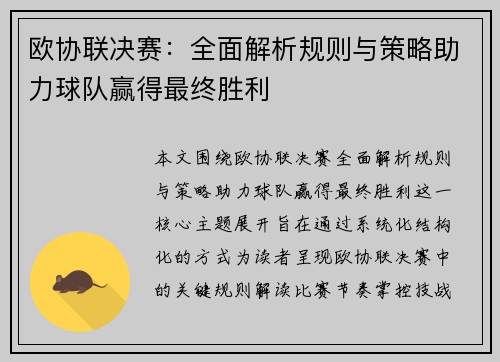 欧协联决赛：全面解析规则与策略助力球队赢得最终胜利