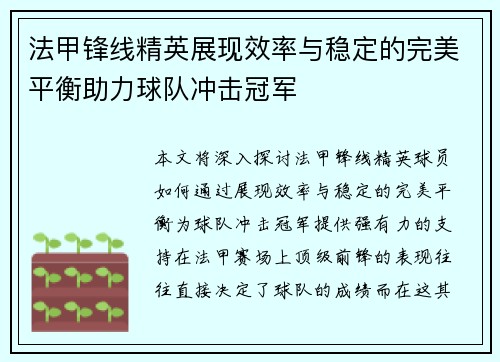 法甲锋线精英展现效率与稳定的完美平衡助力球队冲击冠军