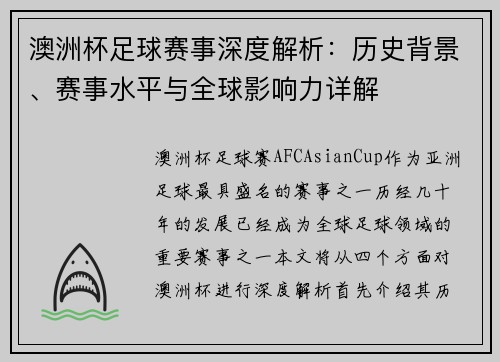 澳洲杯足球赛事深度解析：历史背景、赛事水平与全球影响力详解