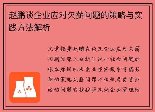 赵鹏谈企业应对欠薪问题的策略与实践方法解析