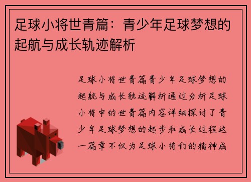 足球小将世青篇：青少年足球梦想的起航与成长轨迹解析